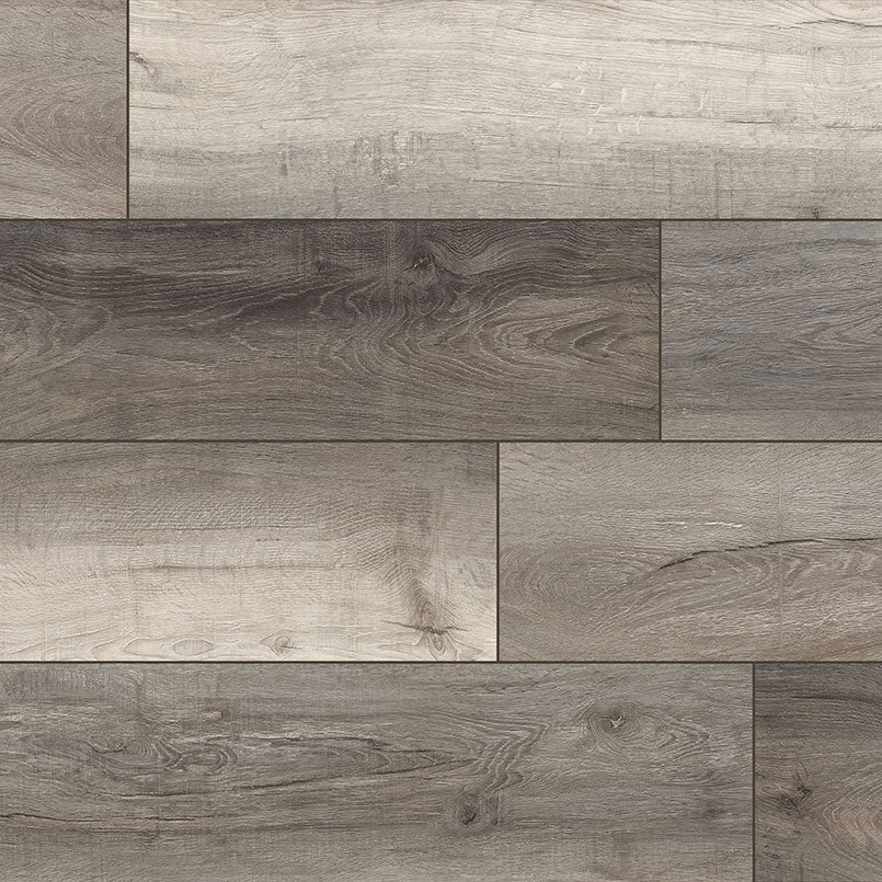 MSI XL Cyrus Draven Luxury Vinyl Planks (22.44 SQFT/box) offer gray and brown wood tones with natural grain and knots, a CrystaLux wear layer, waterproof SPC construction, and a staggered installation for a rustic look.